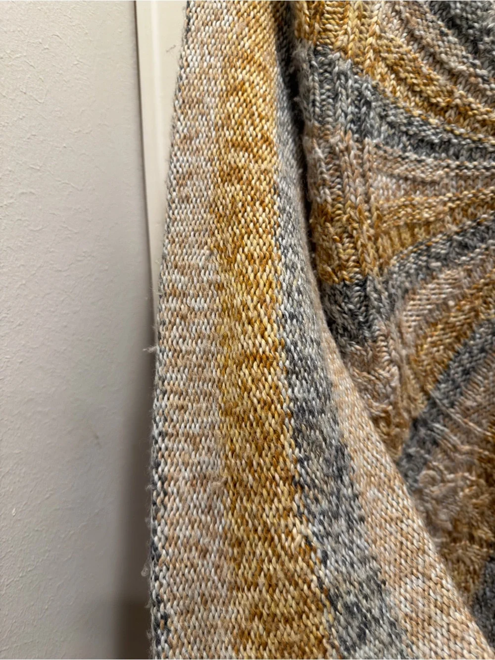 Free People Striped Twist-Front V-Neck Sweater in Gray & Mustard wool blend